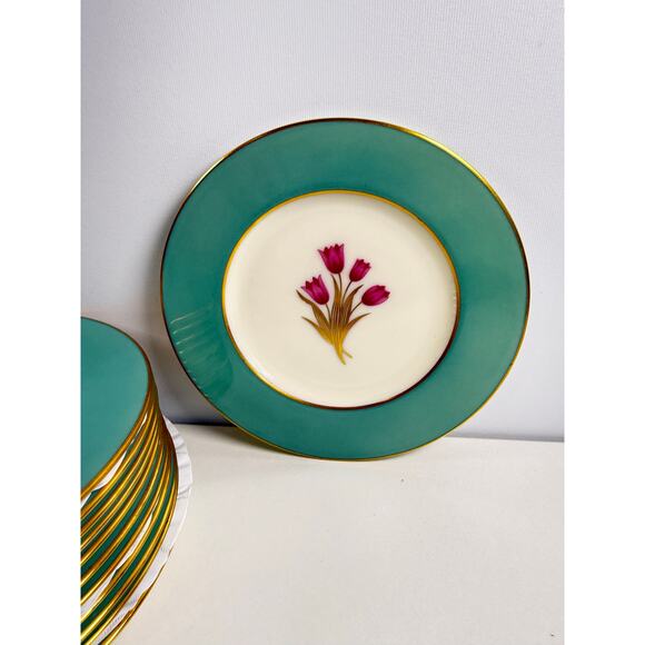 12 pc Vintage Lenox Bradford Tulip Collection Turquoise Gold Rim 6" Salad Plates - Picture 2 of 4